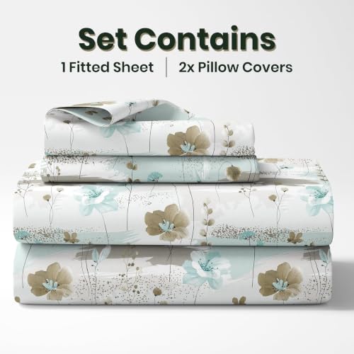 Image of LORETO - A QUALITY LINEN BRAND 210 TC 100% Pure Cotton Double /Queen Fitted Bedsheet with 2 Pillow Covers for 78 x 60 Inch Mattress, All-Around Elastic, 8 Inch Deep Pocket, Light Green & Beige