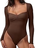 CHYRII Womens Sexy Square V Neck Bodysuit Tops Fall Fashion Long Sleeve Going Out Tops Coffee XS