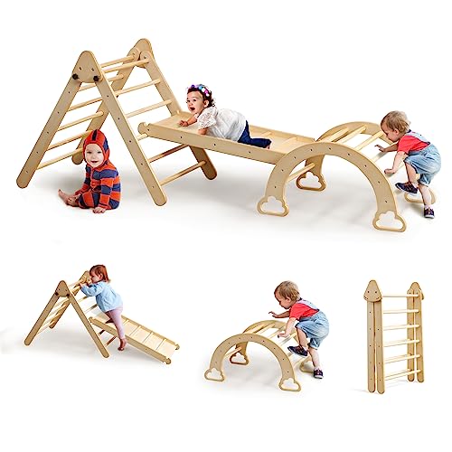 3 In 1 Climbing Triangle Pikler, Indoor Montessori Climbing Toys For Kids, Wood Climbers For Toddlers, Todder Pikler Gym Set With Climbing Triangle/Arch/Ramp (Wood-M) #TOP2