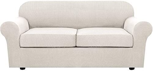 3 Piece Stretch Sofa Covers for 2 Cushion Sofa Couch Covers for Living Room Sofa Slipcovers Furniture Cover (Base Cover Plus 2 Seat Cushion Covers) Thicker Jacquard Fabric(Large Sofa, Ivory)