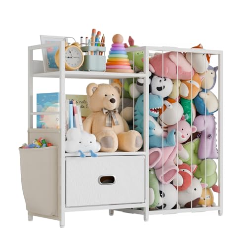 Image of Metal Stuffed Animal Storage Toy Organizer - Kids Toy Storage Organizer with Toy Box, Stuffed Animal Zoo Storage with Bins, Toy Shelf Organizer Storage for Kids Room Playroom Nursery Bedroom (White)