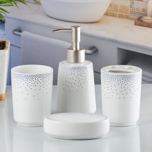 Image of Kookee Ceramic Bathroom Accessories Set - 4-Piece Modern Bath Set with Soap Dispenser & Toothbrush Holder - Elegant Home & Gift Choice, White /Black (10168)