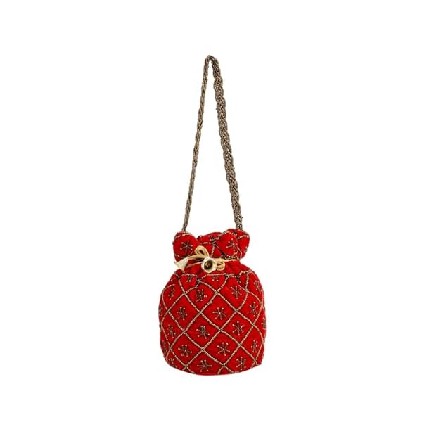 myDsGifts Women's Hand Embroidered Velvet Potli Bag (Single, Red) - Image 3