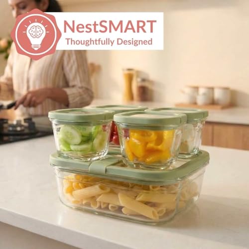 Image of Nestasia Vento Glass Containers with Lid Set of 5 (220ml x 4, 1320ml x 1) - Microwave, Refrigerator & Dishwasher Safe Containers with Air Vent Lid for Fridge Storage (Green)