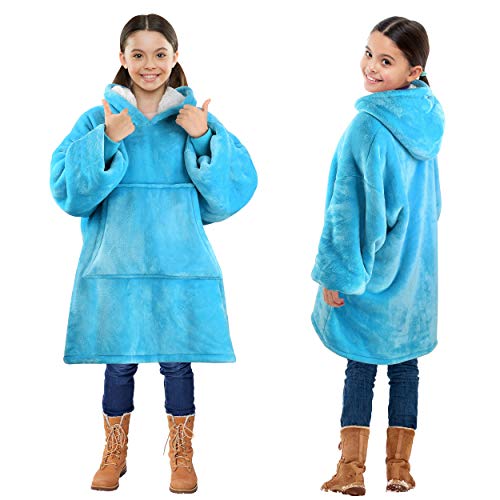 Blanket Sweatshirt, Super Soft Warm Cozy Wearable Sherpa Hoodie for Teens, Boys, Girls, Youth, Kids (7-15yr), Oversize, Reversible, Hood & Large Pocket, One Size, Light Blue