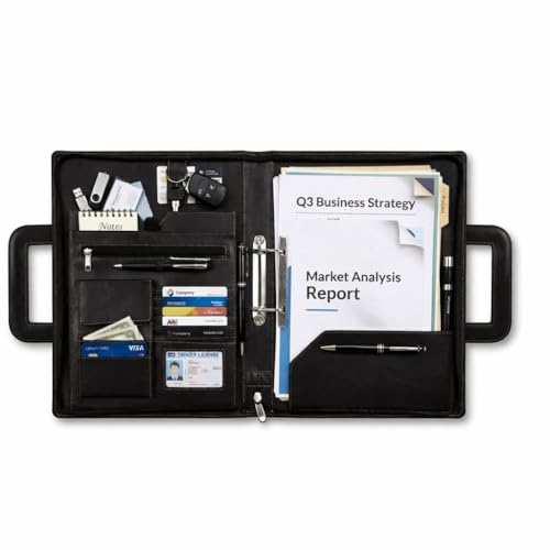 Image of STREPE ZK Black Leather File Organizer Bag with Handle, Zipper Portfolio Folder for Documents, Certificates, Cards & Tablet, Office Business Travel Case for Men & Women