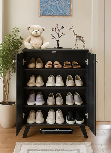 Image of LERIMO 2-Door Engineered Wood Shoe Rack, 4-Tier Wooden Shoe Rack for Entryway, Shoe Storage Cabinet with Doors Adjustable Shelves, Wooden Shoes Rack Organizer (Dark Walnut, 2 Door)