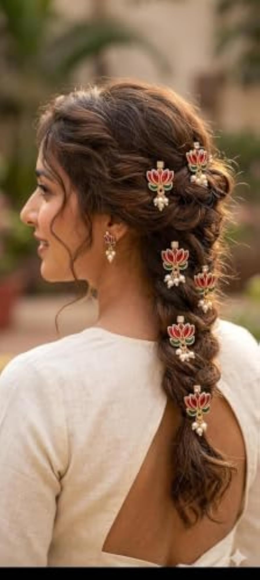 Red Lotus U Pin Hair Accessory with Kundan Stones