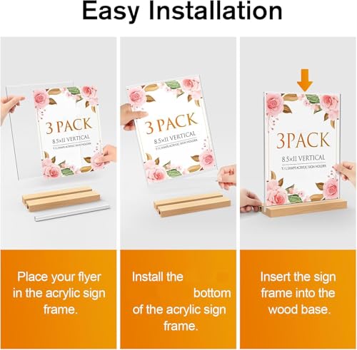 Image of DesiRang Acrylic Sign Holder with Wooden Base (8x11 in (A4), Straight /Slant placing, 2 side, Pack of 3) Clear Display Table Sign Picture Frame Flyer Menu Stand Office Wedding Restaurant Hotel Home