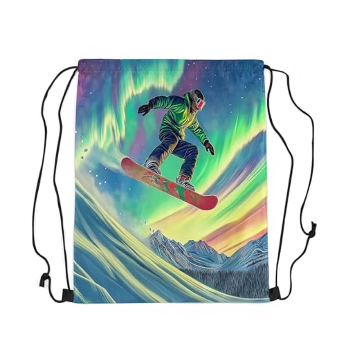 Erosebridal Aurora Skiing Drawstring Backpack 13x15.7, Winter Ski Themed Drawstring Bags, Snowboard Skier Reversible Draw String Back Bag For Swim Yoga, Snow Mountain Scene String Backpack3