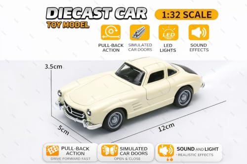 Image of 1:36 Scale Mercedes Vintage Die-Cast Toy Car - Pull Back Metal Model with Openable Doors, LED Lights & Music - Alloy Mini Car Gift for Kids, Boys & Collectors (Color AS PER Stock)