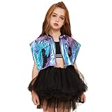 Perfashion Girls Cropped Vest Punk Metallic Blue Leather Bomber Jacket Zip Up Sleeveless Tops Size 6 7