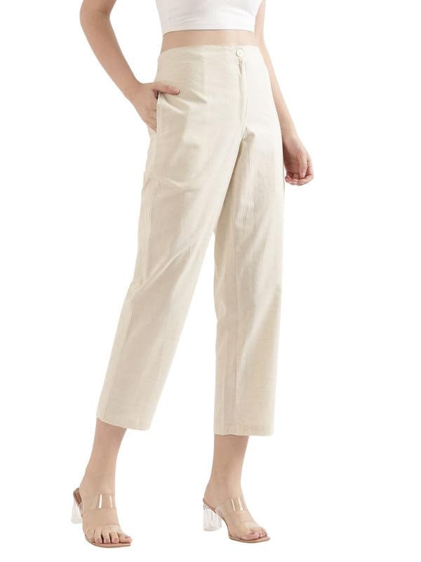 Image of SAADAA Women's Airy Linen Straight Pants | Regular Fit Trousers | Half Elasticated with Drawstrings & Buttons | 4 Pockets | Everyday & Office Wear