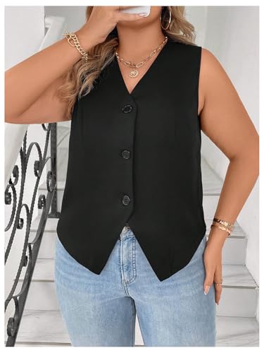 Verdusa Women's Plus Size Button Front Sleeveless Jacket Vest Old Money V Neck Split Blazer Vests3