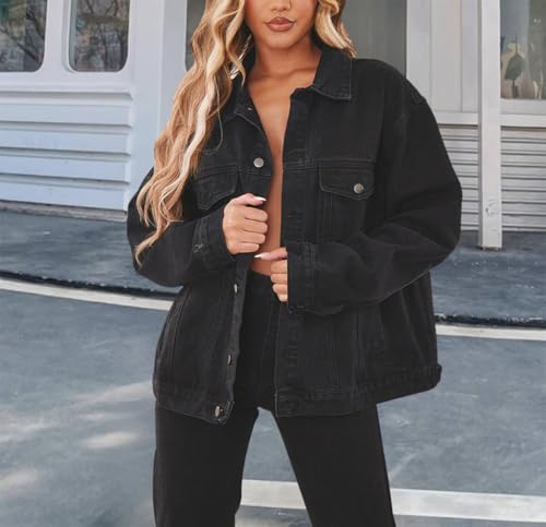 DvaeMalligo Women's Oversized Denim Jacket Casual Long Sleeve Button Down Distressed Trucker Jean Jackets with Pockets3
