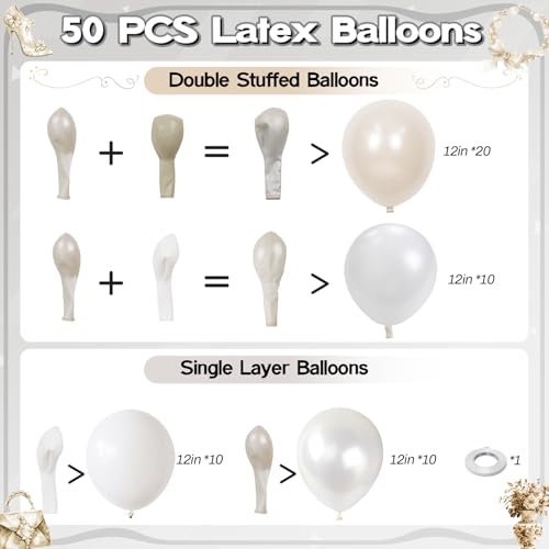 Image of Pearl White Balloons, 50 PCS 12 Inch Double Stuffed Pearl Sand White Balloons with Thick Ivory Latex Balloon for Wedding Engagement Baby Shower Bridal Birthday Anniversary Party Decorations Supplies
