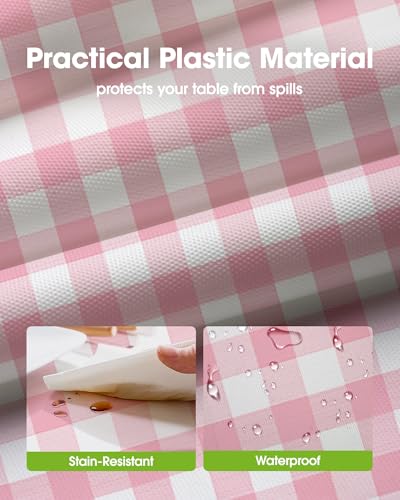 Image of Pureegg Plastic Table Cloth Disposable 10 Pack, 54 x 108 Inch Table Cloths, Party, Picnic, Decorative Gingham Tablecloths, Rectangle, Pink and White Checkered Cover, Leakproof & Sturdy, Pink Plaid