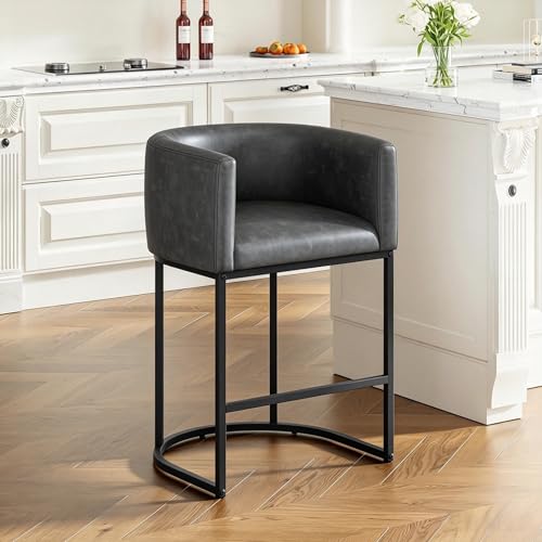 Image of 26 inch H Counter Height Bar Stools, Modern Barrel Counter Stools with Backrest and Arms, Faux Leather Upholstered Accent Barstools for Kitchen Island,Support 450 LBS (Black)