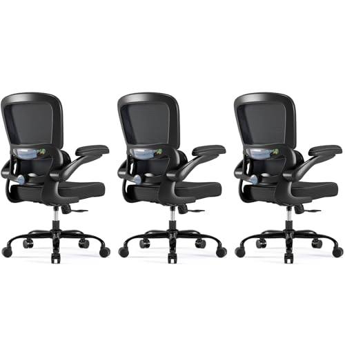 Image of TRALT Ergonomic Office Chair - Desk Chair with Adjustable Headrest Lumbar Support Computer Chair - Mesh Comfy Chair with Flip-up Armrests - Gaming Chair for Adults Home Office PU, Black, Pack of 3