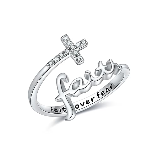 URONE Faith Cross Rings Adjustable Sterling Silver Faith Over Fear Cross Rings Christian Religious J...