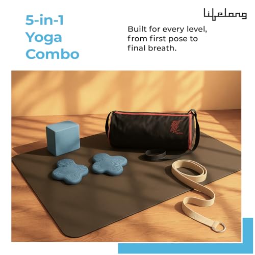 Image of Lifelong Yoga combo set of 6 For Men And Women I 4mm Yoga mat, 6ft Belt, Yoga block, 2 Knee Pad, gym bag