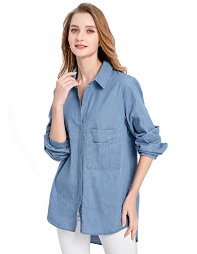 Minibee Women's Long Sleeve Shirts Button Down Blouse Cotton Tunic High Low Tops2