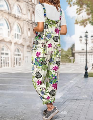 Image of YESNO Women's Overalls Cotton Boho Casual Floral Bib Jumpsuit Baggy Adjustable Strap Romper with Pockets PVV