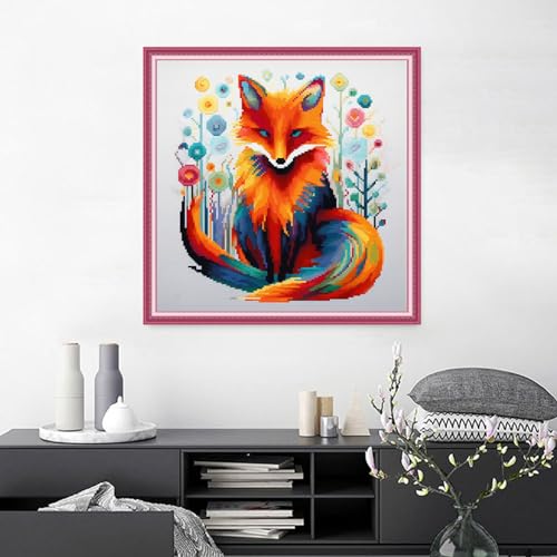 Image of Joyhoor Cross Stitch Kits for Beginners Stamped Cross-Stitch Supplies Needlework preprint Embroidery Kits for Adults DIY Needlepoint Kits Embroidery Patterns 11CT-Colorful Fox 18.x18 inch