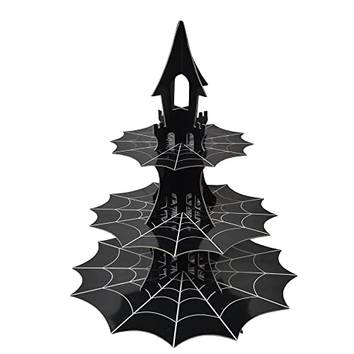 3-Tiers Spider Web Cupcake Stand for Hero Theme Party Supplies. Haunted House, Ghost,Cardboard, Dark Building Dessert Holder Halloween Party Serving Tray