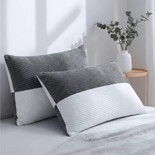 Image of AYKA Adjustable Microfiber Sleeping Pillow | Height Adjustable Zip Pillow with Extra Fiber Fill | Soft & Fluffy Comfort | Hypoallergenic, Breathable & Washable |17x27 Inch | White & Grey | Set of 2
