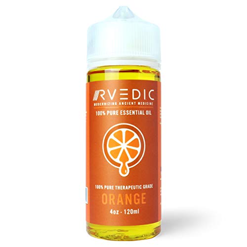 RVEDIC 100% Pure Essential Oil - Orange - Large 4oz (120ml) + Easy-to-use Drip Tip - Made in USA! Therapeutic Grade for Aromatherapy, Massage, Diffuser, Humidifier, Bathing/Soaks & Cleaning