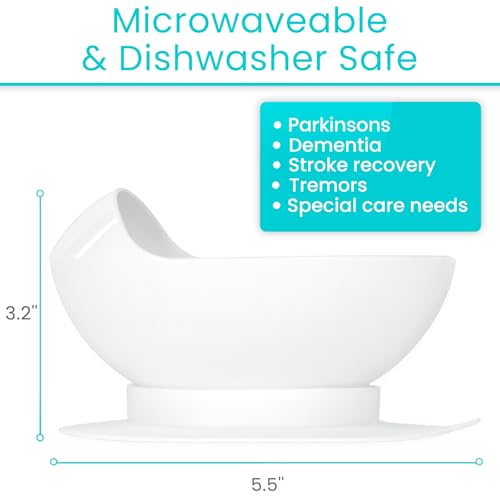 Vive Spill-Proof Scoop Bowl (2 Pack) - Adaptive Eating Equipment with Lipped Edge for Elderly & Disabled - No-Spill Scoop Aid for Parkinsons, Dementia, Strokes, Tremors - Special Non-Skid Bowl (White) - Image 4