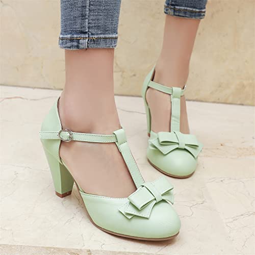 Image of Elbslutt Women's Cute Retro Rockabilly Shoes T Strap Mary Janes Heels Chunky Cosplay Shoes Sweet Block Heeled Bow Pumps
