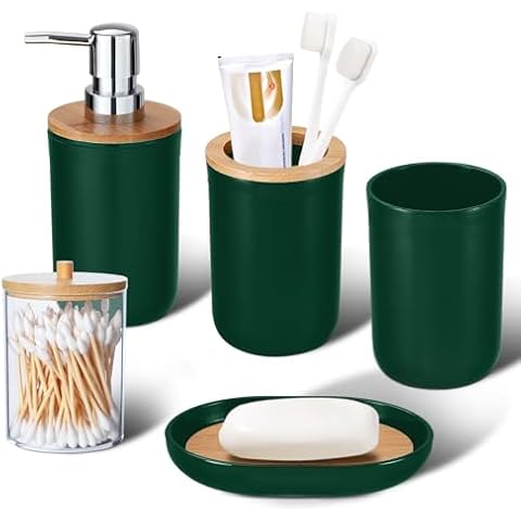 iMucci Bathroom Accessories Set 5Piece Hunter Green Bathroom Sets, Toothbrush Holder, Toothbrush Cup, Soap Dispenser, Soap Dish and Qtip Holder Bathroom Decor Cover