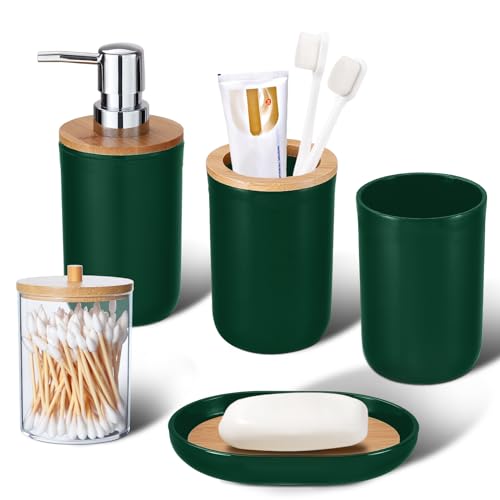iMucci Bathroom Accessories Set 5Piece Hunter Green Bathroom Sets, Toothbrush Holder, Toothbrush Cup, Soap Dispenser, Soap Dish and Qtip Holder Bathroom Decor