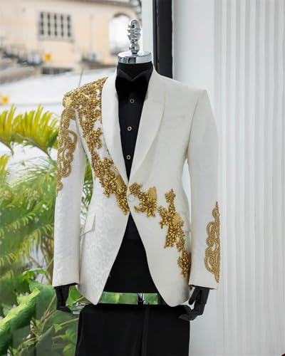 Mens Luxury 2 Pieces Suit with Gold Rhinestone Slim Fit Shawl Lapel Blazer Jacket Pants Set for Prom,Party,Dinner2