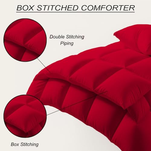 Image of Full Size Comforter Set - All Season Down Alternative Bedding Comforter Set - Quilted Duvet Insert with Corner Tabs - Box Stitched Blanket - Breathable, Soft - Red