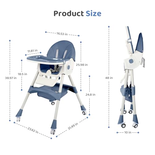 Image of 6 in 1 High Chairs for Babies and Toddlers,Portable Foldable High Chair with Wheels& Pu Cushion, Adjustable Height, Reclining Seat, 5-Point Safety Harness, Removable Tray