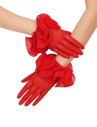 Womens Short Mesh Gloves Sheer Floral Ruffle Gloves for 1920s Costume Wedding Tea Party Fancy Dress Prom Dance Red