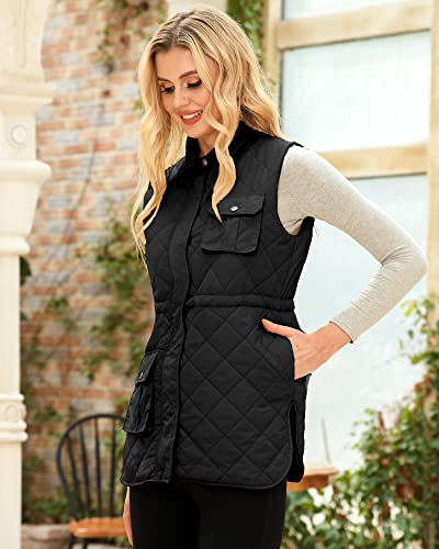 Xeoxarel Women's Quilted Military Vest, Lightweight Utility Casual Sleeveless Drawstring Vests With Pockets Outerwear Black Xl #TOP1