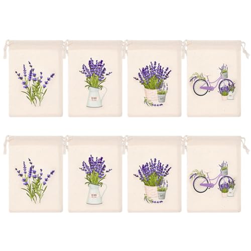 Bolsa de Regalo a la Lavanda Set, 8 Piezas Bolsas de Algodón, 11×16cm Bolsitas de Tela con Cordón, Estampado Vintage, Reutilizable para Joyas Almacenaje Boda Navidad