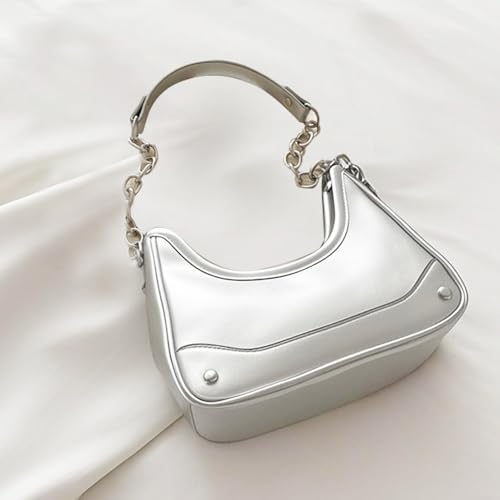 small hobo shoulder bag for women metallic handbag with chain strap crescent purse