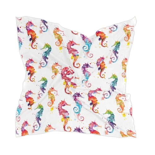 Women's Square Silk Hair Scarves and Wraps Headscarf Seahorses Colorful Head Neck Scarf Bandana 24inch