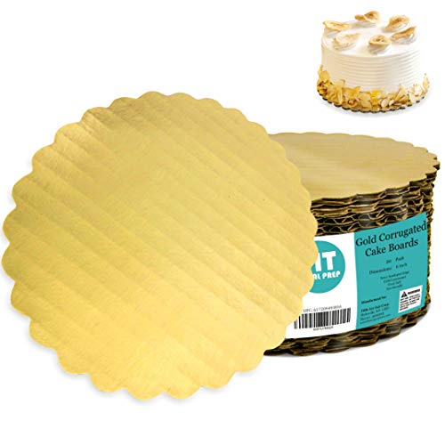 [20 Pack] 6” Gold Corrugated Cake Board - Laminated Circle Scalloped Cardboard, Round