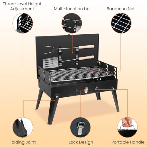 Portable Charcoal Grill - Foldable BBQ Grill with Adjustable Height & Convenient Storage for Outdoor Cooking, Picnics, Camping, and Backyard Grilling (16.7x10x17.7in)