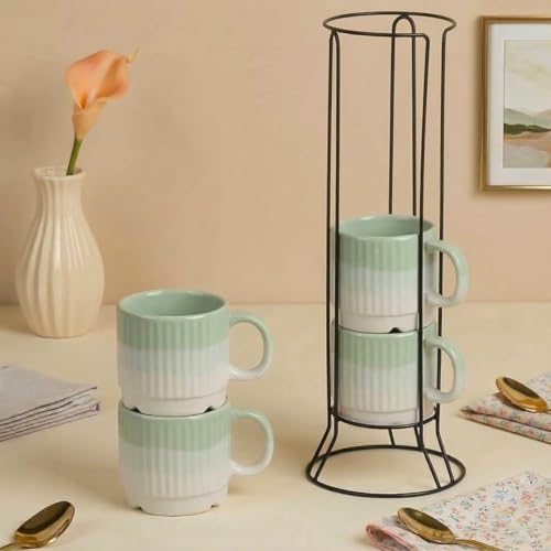 Image of The Earth Store Green Fringe Premium Ceramic Tea Cup Set of 4, 200 ML | Microwave and Dishwasher Safe Space Saver Tea Cup with Stand | Coffee Cups for Gifting, Home & Office Use, Every Occasion