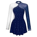 RUNQHUI Femme Justaucorps Robe Patinage Artistique Strass Brillant Manches Longues Leotard Gymnastique Danse S-XXL Type A Bleu marine L