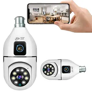 PKST 2-in-1 Dual Lens Dual Screen Bulb WiFi Wireless 4MP HD Live View, Bullet+PTZ Control, Two Way Talk, Color Night Vision, AI Human Detection Indoor Camera (Dual Lens Light Bulb)
