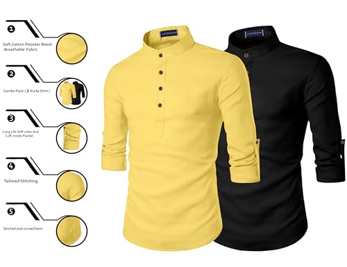 Image of Zombom Men's Combo Cotton Polyester Blend Solid Full Sleeve Straight Regular Fit Mandarin /Chinese Collor Kurta (Pack of 2)