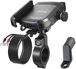 iMESTOU Motorcycle USB Phone Mount Charger Handlebar/Rear-View Mirror Cellphone Holder Charger with Aluminum Mount Base for 12V/24V Vehicles Compatible with 4.0-6.8 Inch Smartphones